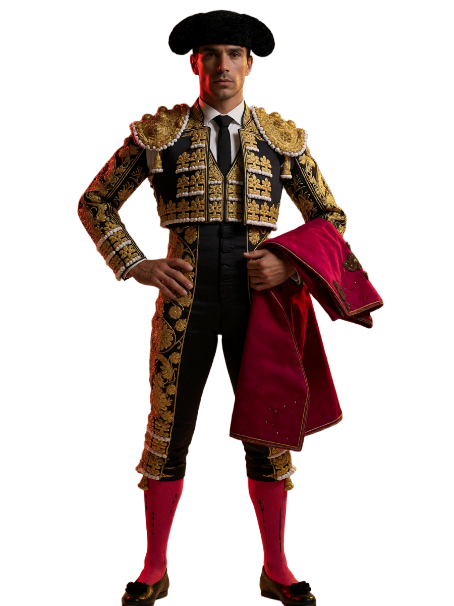 Selbstbewusster Matador in schwarz-goldenem Traje de Luces mit roter Muleta - Symbol des Casina VIP Programms