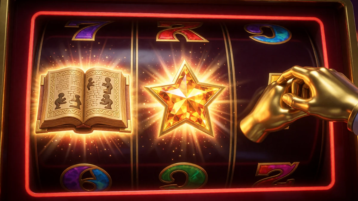 Leuchtende Slot-Walzen mit Buch-, Stern- und Goldhand-Symbolen aus den Top Casino Spielen bei Casina