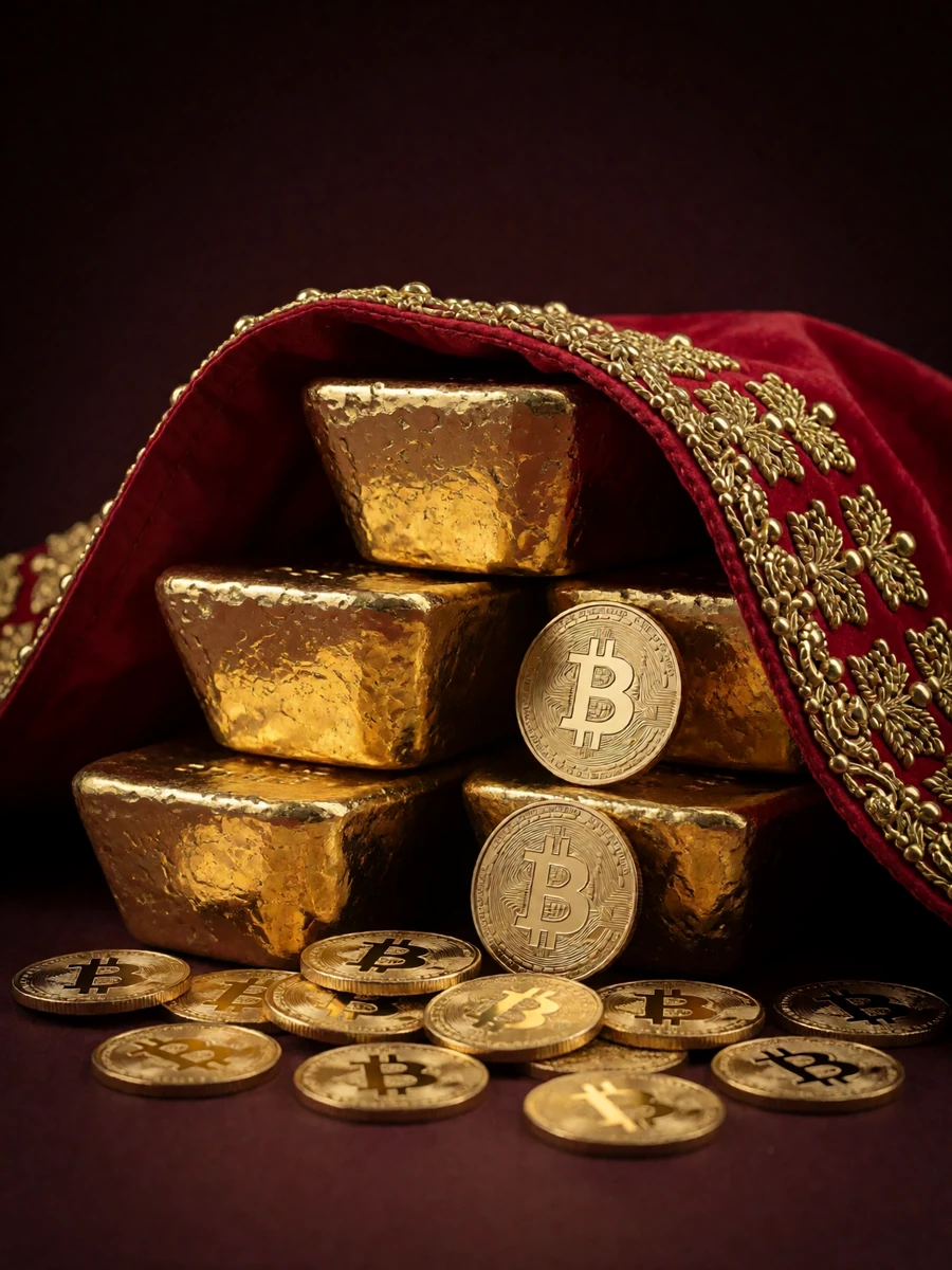Goldbarren und Krypto-M&uuml;nzen mit rotem Matador-Umhang als Symbol f&uuml;r Casino Einzahlung und Auszahlung