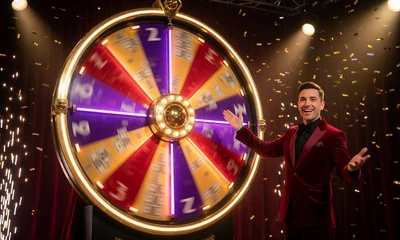 Drehendes Gl&uuml;cksrad der Game Show Monopoly Live im Casina Live Casino Studio