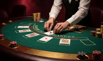 Live-Blackjack-Tisch mit ausgeteilten Karten und Chips im Casina Live Casino