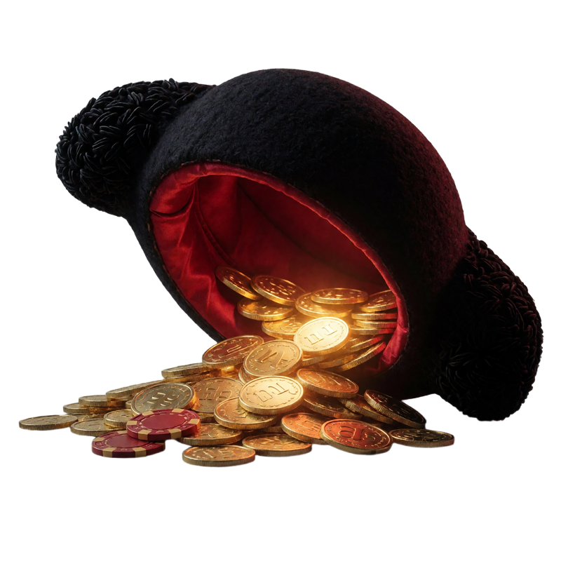 Schwarzer Matadorhut mit rotem Seidenfutter, aus dem goldene Casino-M&uuml;nzen als Willkommensbonus-Symbol quellen