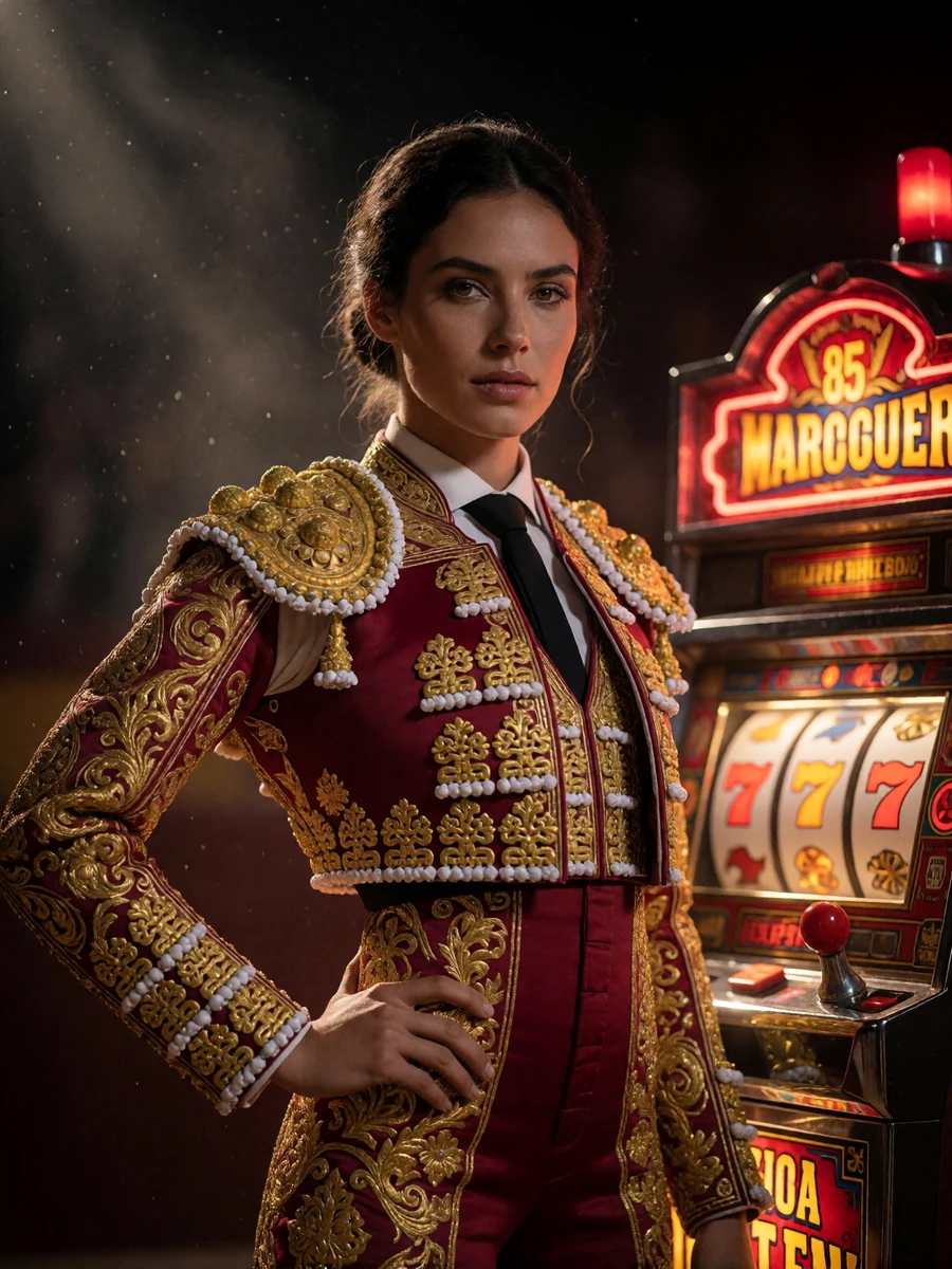 Matadorin im goldbestickten Traje de Luces neben leuchtendem Spielautomaten in der Casina Casino Arena